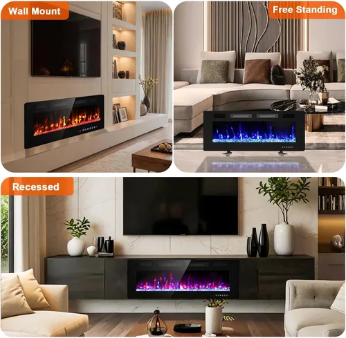 Miniatura 4 de BREEZEHEAT Chimenea eléctrica ultrafina de 50 pulgadas, calentador de chimenea independiente o empotrado en la pared, control remoto, pantalla