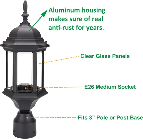Miniatura 2 de LIT-PaTH Farol de poste de iluminación para exteriores, base mediana E26 máx. 60 W, carcasa de aluminio más vidrio, paquete de 2, acabado negro