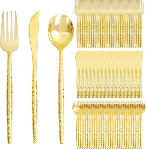 Miniatura 24 de Supernal 180 cubiertos de plástico dorado, utensilios de plástico desechables resistentes, juegos de cubiertos desechables dorados incluyen 60
