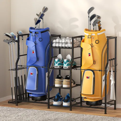 samstar Organizador de garaje de almacenamiento de golf, soporte de almacenamiento para bolsas de golf, 2 bolsas de golf y accesorios para equipos,