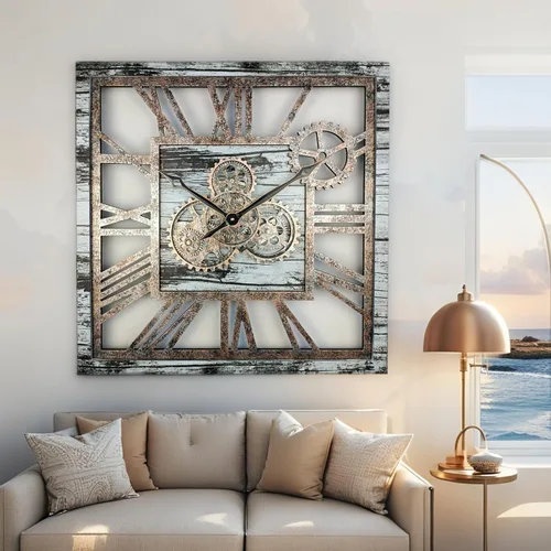 Miniatura 5 de ImprovingLife The Gears Clock - Reloj de pared cuadrado con engranaje móvil real de 24 pulgadas, estilo vintage, industrial, de gran tamaño, Gris