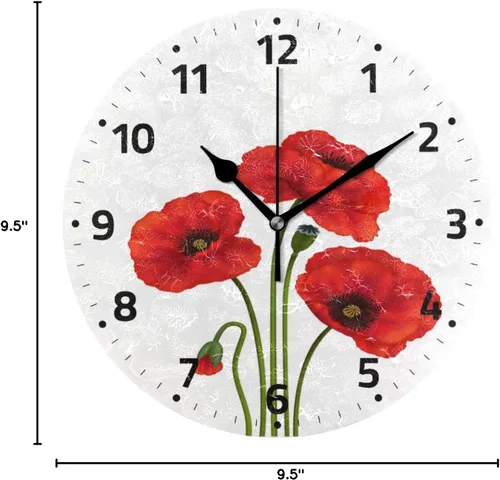 Miniatura 5 de Reloj de pared con diseño de flores de amapola roja, funciona con pilas, silencioso, sin tictac, de cuarzo, silencioso, para dormitorios, cocina