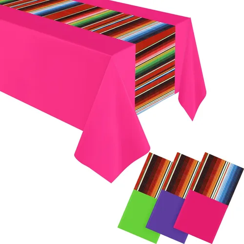 Miniatura 8 de Remagr 3 manteles de decoración de Cinco de Mayo de 108 x 54 pulgadas, mantel de plástico a rayas para fiesta mexicana, suministros de fiesta Blanco