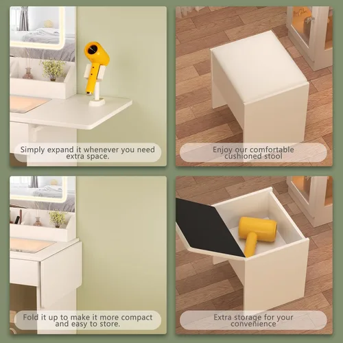 Miniatura 8 de KDCAS Escritorio pequeño con espejo y luces, escritorio de maquillaje con parte superior de vidrio transparente y almacenamiento, tocador blanco