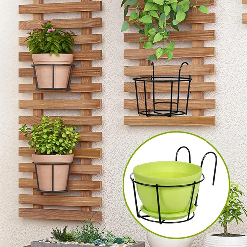 Miniatura 2 de Leoenir Paquete de 4 macetas redondas para colgar – soporte de metal para balcón y valla (negro)