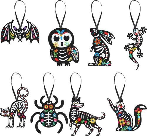 Miniatura 8 de CCINEE 24Pcs Dia De Los Muertos Felt Ornaments, Mexcian Skeleton Halloween Ornaments for Day of The Dead Themed Party School Bags Indoor Outoor Tree