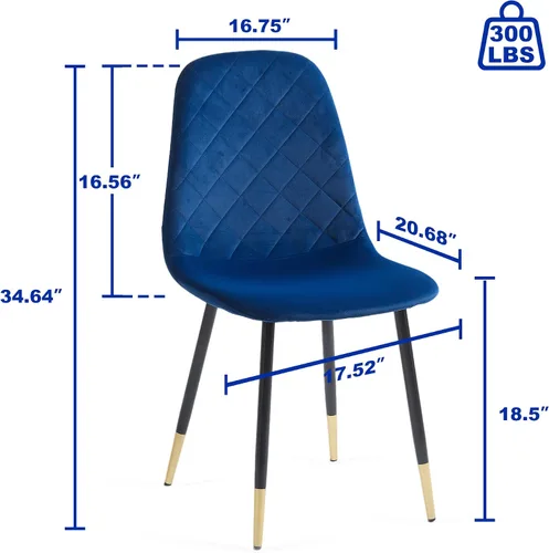Miniatura 3 de Juego de 2 sillas de comedor de terciopelo azul marino, sillas tapizadas de cocina y comedor con patas de metal, sillas decorativas modernas