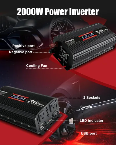 Miniatura 8 de Inversor de 2000 vatios de 12 V a 110 V/120 V, inversor de CC a CA de 2000 W con pantalla LCD inteligente, salidas de CA duales, puerto de carga USB