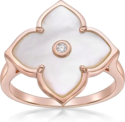 Lavari Jewelers Anillo de flor de ónix negro o nácar y circonita cúbica para mujer, en plata de ley 925 con chapado en oro, aniversario, tallas 6 a 8
