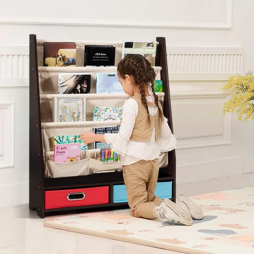 Miniatura 5 de HONEY JOY Estante para libros para niños con 2 contenedores de almacenamiento, estantería de madera para niños pequeños con 4 estantes de eslinga