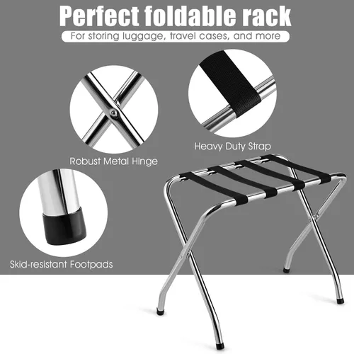Miniatura 6 de Tangkula Portaequipajes cromado para habitación de invitados, no requiere montaje, soporte plegable de metal para maleta con cinturones de nailon