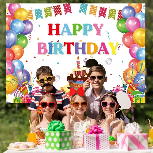Miniatura 3 de Cartel de feliz cumpleaños, telón de fondo de globos coloridos para fiestas de niños, pasteles de colores grandes, fotografía, telón de fondo