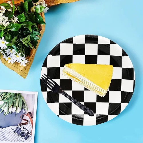 Miniatura 3 de 40 piezas de suministros para fiesta de cumpleaños de autos de carreras, suministros de fiesta a cuadros en blanco y negro, plato de papel a cuadros