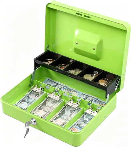 Miniatura 17 de KYODOLED Caja de dinero grande con cerradura de combinación, caja de dinero con bandeja para efectivo, caja fuerte con cerradura con llave, Negro-2