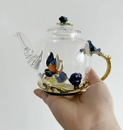 Miniatura 8 de Tetera creativa de cristal de flores para té de Kung Fu, buen regalo para hermana, mamá, abuela, profesores (rosa azul)
