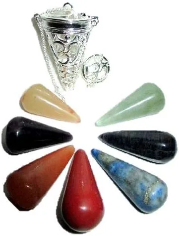Miniatura 4 de Jet International Jaula Chakra Péndulo 2" Cono de Chakra Intercambiable Plata con Bolsa de Divinación Wicca SíNo Pagano (Om)