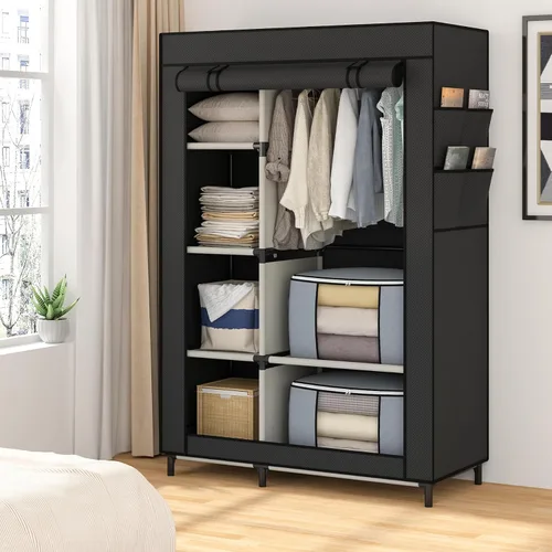 Miniatura 5 de Calmootey Armario portátil, armario con 6 estantes y barra para colgar, organizador de almacenamiento para dormitorio, funda de tela no tejida con 4