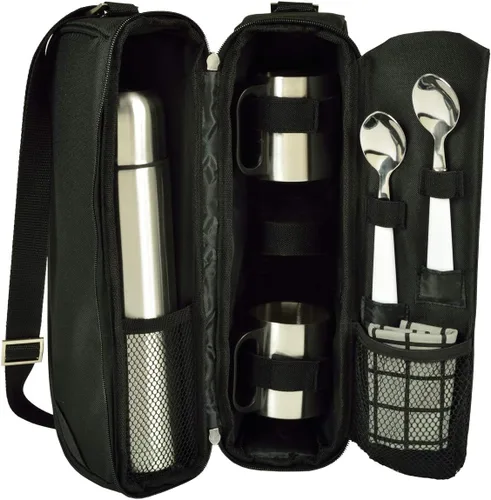 Picnic at Ascot Bolsa de café de viaje para 2 personas, incluye frasco de vacío inoxidable, tazas y cucharaditas, diseñado y ensamblado en los