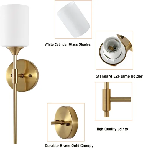 Miniatura 5 de BYOLIIMA Juego de 2 apliques de pared dorados con pantallas cilíndricas blancas de vidrio, luminarias modernas de pared para tocador de baño