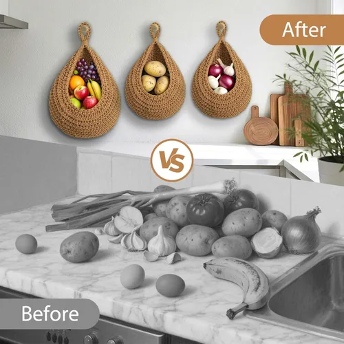 Miniatura 4 de Cestas colgantes de frutas para cocina, paquete de 3 cestas bohemias de cuerda de algodón tejida a mano para almacenamiento de verduras montadas