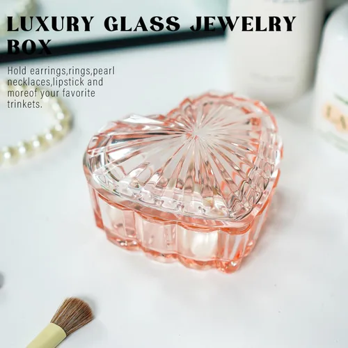 Miniatura 18 de kanpura Joyero de cristal en forma de corazón, caja de dulces con tapa, caja de almacenamiento para aretes, collar, pecho, caja de almacenamiento