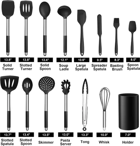 Miniatura 2 de LIANYU Juego de utensilios de cocina de 15 piezas con soporte, herramientas de cocina de silicona, mango de acero inoxidable, espátula ranurada