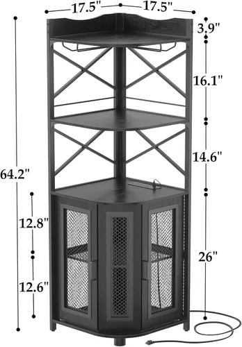 Miniatura 2 de Aheaplus Gabinete Bar de Esquina con Toma de Corriente, Gabinete de Vino Industrial con Tira LED y Portavasos, Gabinetes de Licores de 5 Niveles