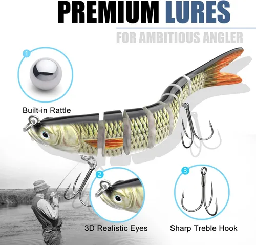 Miniatura 2 de Señuelos de pesca para agua dulce y salada, CHSMONB 6 piezas de hundimiento lento más realistas, cebo articulado para lobina, trucha, crappie