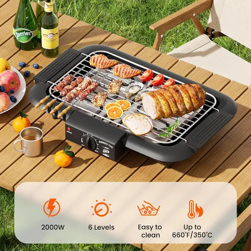 Miniatura 2 de Parrilla eléctrica para barbacoa, sin humo, antiadherente para interiores y exteriores, 2000 W, doble tubo de alta potencia, portátil, extraíble