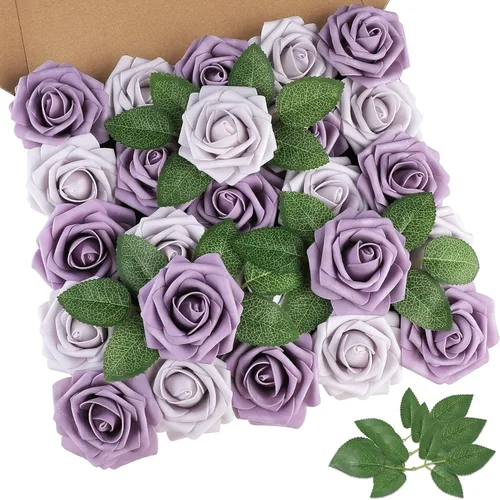 Miniatura 20 de AmyHomie 25 rosas artificiales beige de aspecto real con tallo para ramos de boda, centros de mesa, arreglos de fiesta, baby shower, día de San