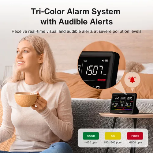 Miniatura 4 de Monitor de calidad del aire 16 en 1 para interiores, pantalla de 7 pulgadas, 9 alertas AQI+7 AQI, monitor de CO2 probador de calidad del aire