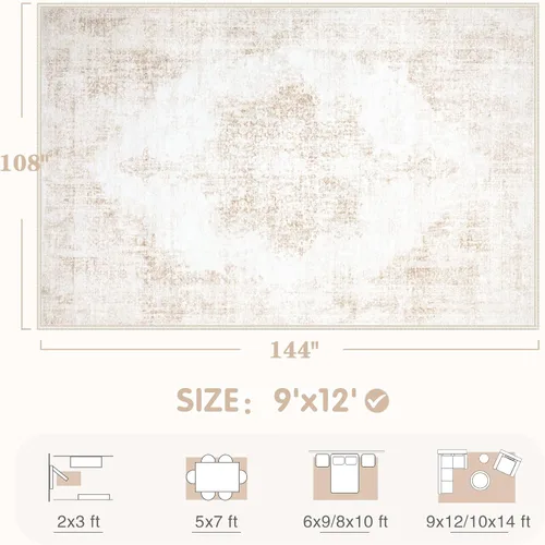 Miniatura 2 de Alfombra de área 9x12 pulgadas: grandes alfombras vintage lavables para sala de estar, alfombra retro con medallón, envejecida, suave, de pelo bajo
