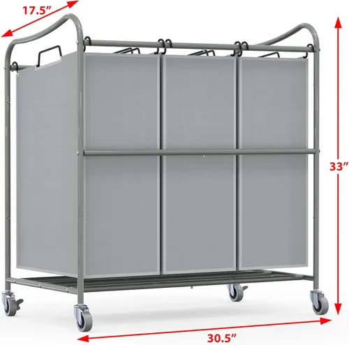 Miniatura 2 de Simple Houseware - Carrito clasificador de ropa sucia resistente de 3 bolsas, plateado Plata