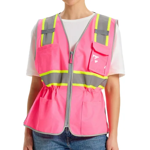 Miniatura 7 de Chaleco de Seguridad de Alta Visibilidad para Mujeres, Chaleco de Construcción de Trabajo con Cintura de Cordón con Bolsillos y Cremallera, Chaleco