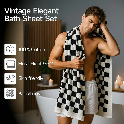 Miniatura 7 de REDKISS Juego de 2 toallas de baño a cuadros en blanco y negro, 2 toallas de ducha grandes para decoración de baño, toallas de baño de algodón