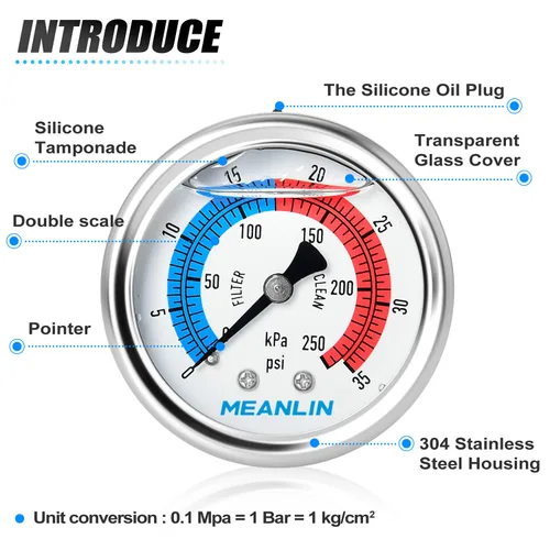 Miniatura 4 de MEANLIN MEASURE 1/4" NPT 0-35psi Manómetro de presión, 2" Dial Filtro de piscina lleno de glicerina, carcasa de acero inoxidable 304, montaje