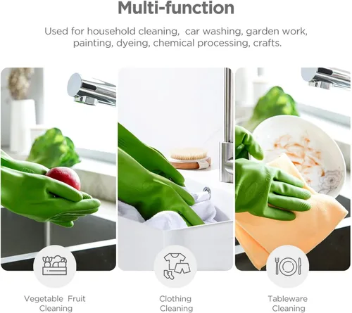 Miniatura 2 de Guantes para lavar platos 2 pares para cocina, guantes de limpieza de goma, guantes largos para lavar platos reutilizables. Verde
