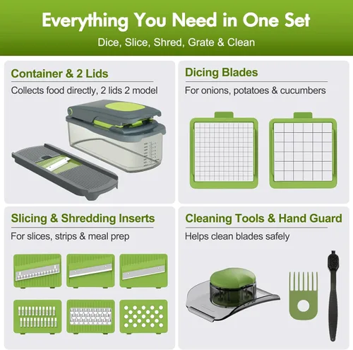 Miniatura 5 de Ourokhome Picadora manual de alimentos con contenedor, cortador de verduras de mandolina y cebolla con 8 cuchillas, trituradora de verduras