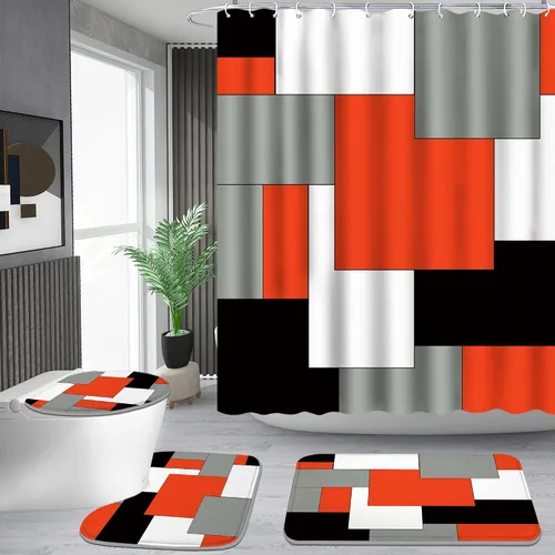 Miniatura 18 de Poedist Juego de 4 cortinas de ducha de baño, juegos de baño con alfombras (tapete de baño, forma de U y tapa de inodoro) y 12 ganchos, mármol