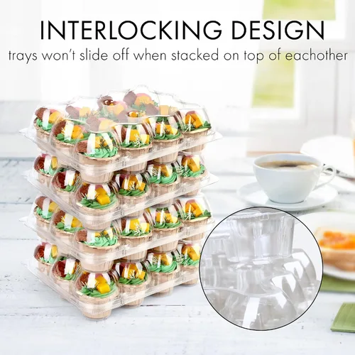 Miniatura 3 de LotFancy (12 unidades x 5 juegos) recipientes para cupcakes con 60 forros, cajas apilables de plástico, soporte desechable para magdalenas con tapa