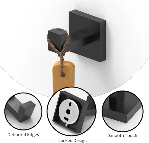 Miniatura 3 de Ruacq Ganchos para toallas para baños, ganchos cuadrados de acero inoxidable resistentes, colgador de toallas montado en la pared para bata y Negro