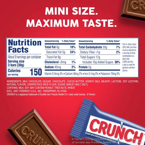 Miniatura 2 de CRUNCH Minis - Barras de caramelo, chocolate cremoso con leche con arroz crujiente, envueltas individualmente, 8 bolsas resellables, 9.8 onzas cada