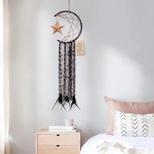 Miniatura 8 de Dremisland Atrapasueños de luna hecho a mano, medio círculo, diseño de luna atrapasueños, plumas, colgando con estrella, decoración del hogar, Morado