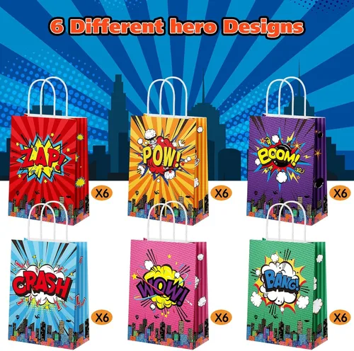 Miniatura 4 de Pajean 36 bolsas de regalo de fiesta de héroe de cómic, papel de estraza de héroe de cómic, bolsas de regalo con asa temática de boom suministros
