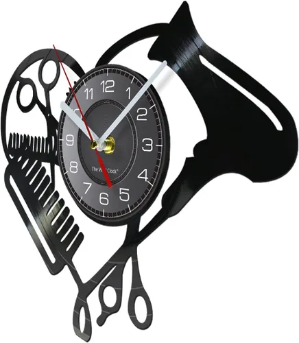Miniatura 2 de Reloj de pared de 12 pulgadas, herramientas para peluquería, disco de vinilo, reloj de pared, peluquería, peluquería, secador, tijera, peine, diseño