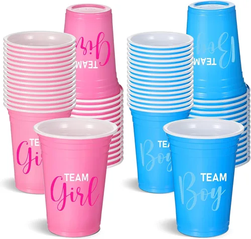 Norme 60 vasos de plástico para revelación de género, color azul y rosa, suministros de revelación de género, equipo y niña, desechables para 340 g.