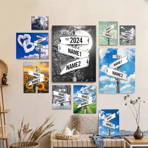 Miniatura 39 de Impresiones en lienzo personalizadas: letrero de calle Crossroads para parejas, arte de pared, nombres y fechas, regalo personalizado, impresión