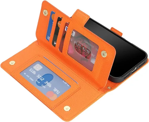 Miniatura 6 de Funda compatible con iPhone 13 Pro Max para Apple 12 Pro Max, piel sintética naranja, rombo para mujeres y hombres, bolsillo con cremallera