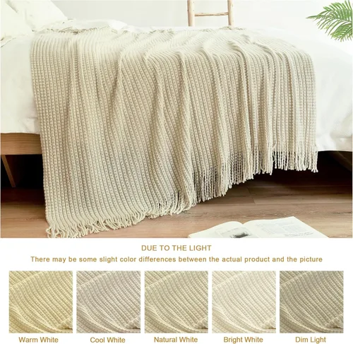 Miniatura 2 de Blagic Manta de punto para sofá, manta suave de estilo bohemio para otoño con borlas, manta ligera decorativa para el hogar, manta beige para cama