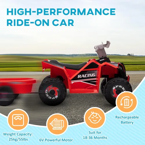 Miniatura 5 de Aosom Coche cuatrimoto para niños con remolque trasero, automóvil eléctrico de 6 V con función de avance hacia atrás, ruedas resistentes al Rojo